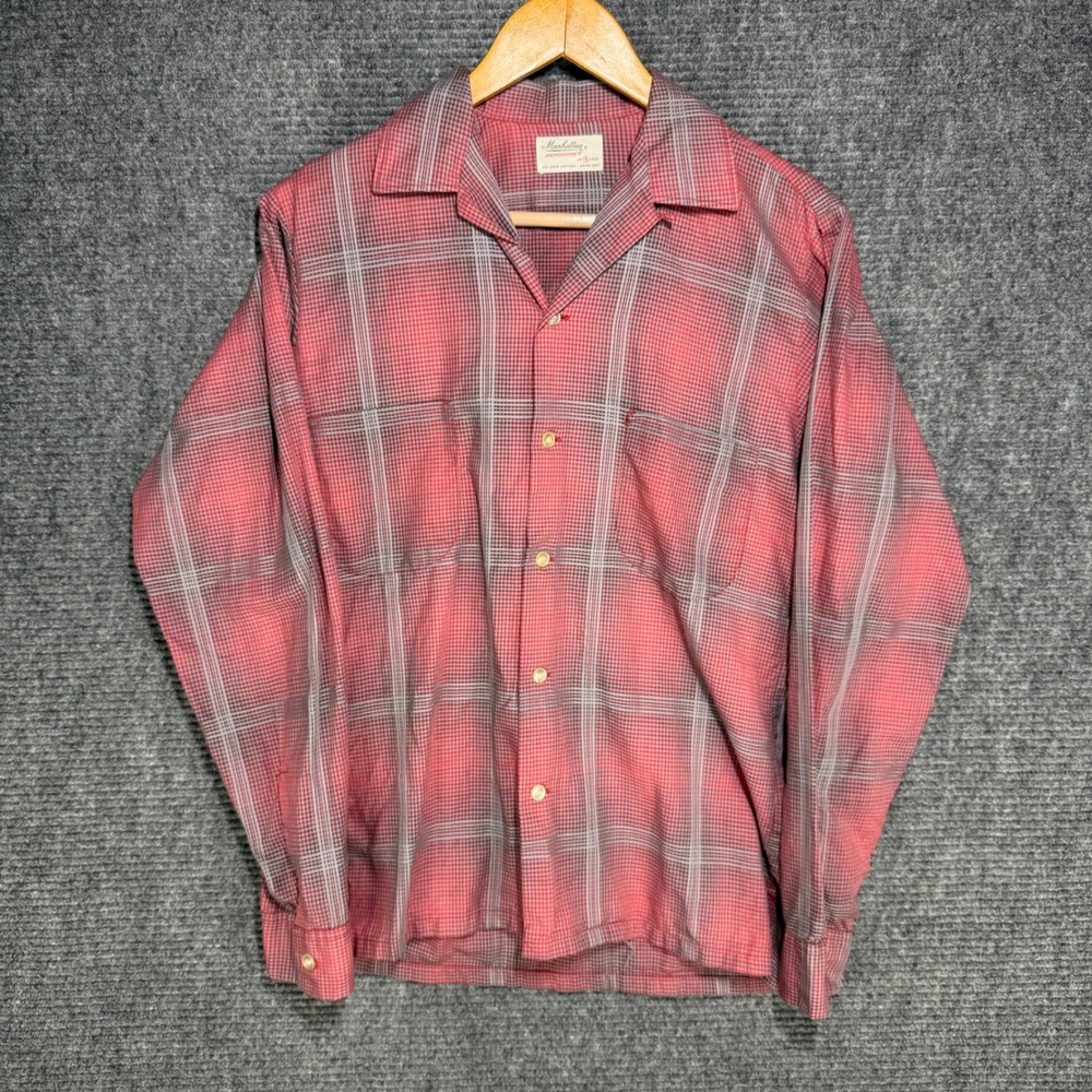 VTG 60s Manhattan Mansmooth Red Shadow Plaid Loop Collar Cotton Shirt Mens Small